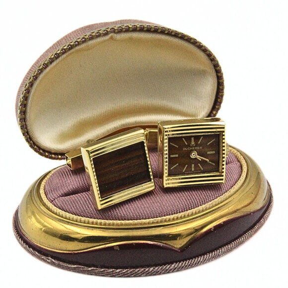 Bucherer Signed Swiss Made Clock Brown Glass Gold Tone Cufflinks